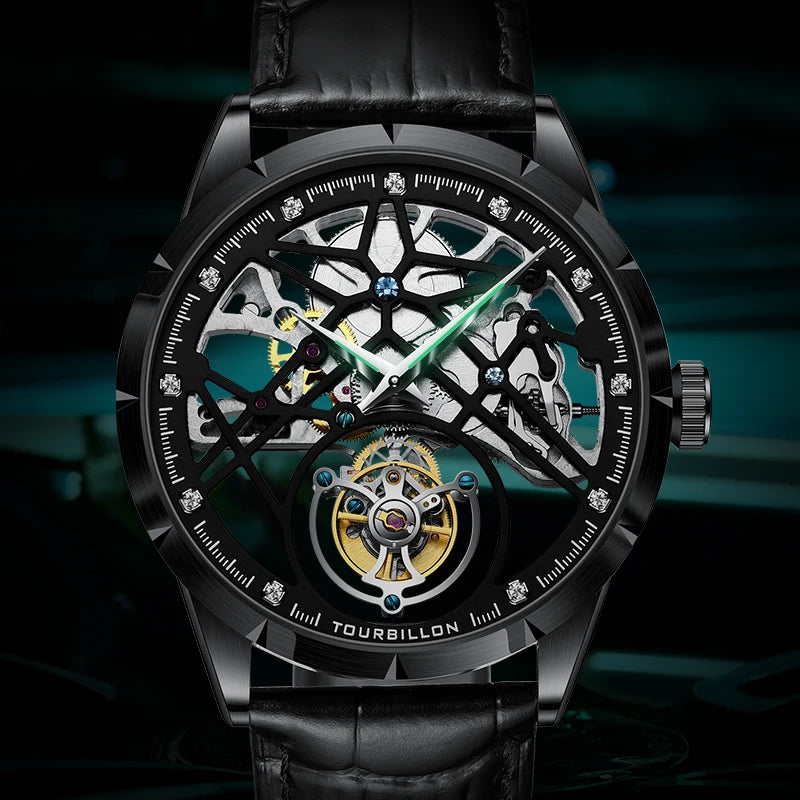 JINLERY Fashion Real Tourbillon Watch Luxury Skeleton Watches for Men- Wristwatch Male Clock- Relogio Masculino