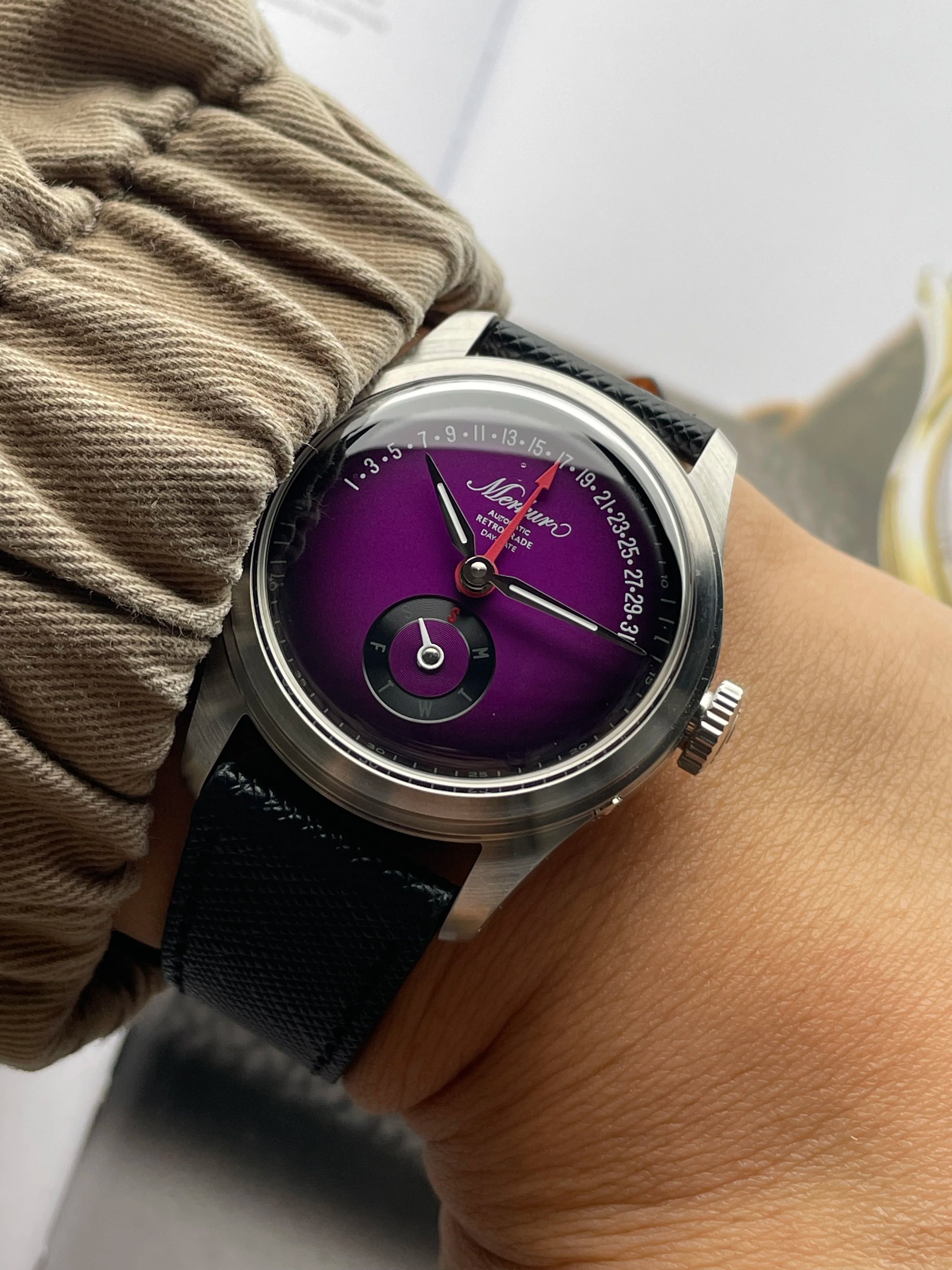 MERKUR Multi-function Calendar Flying Back Automatic Mechanical Purple Dial Retro Dress Watch Leather часы мужские наручные