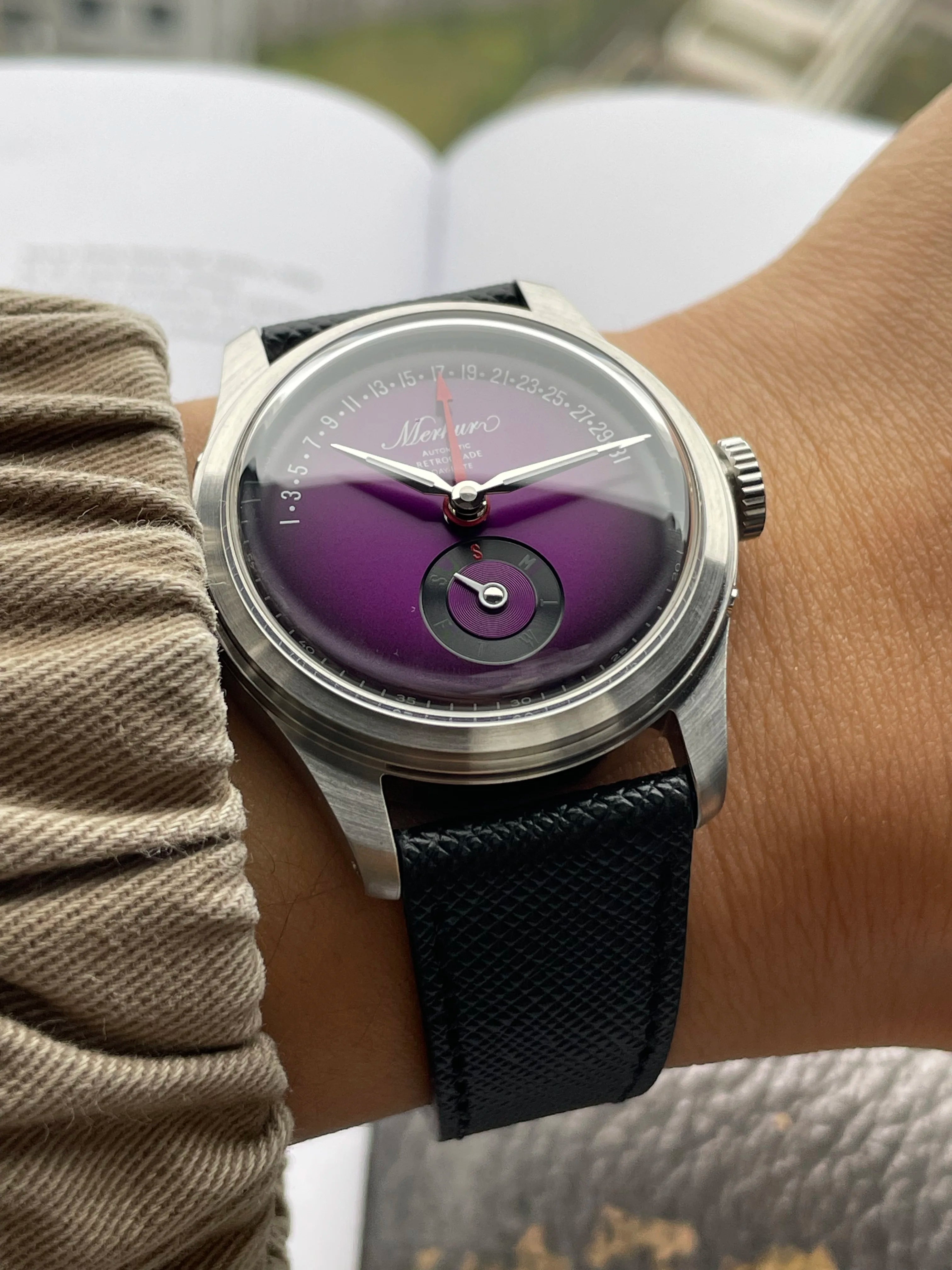 MERKUR Multi-function Calendar Flying Back Automatic Mechanical Purple Dial Retro Dress Watch Leather часы мужские наручные