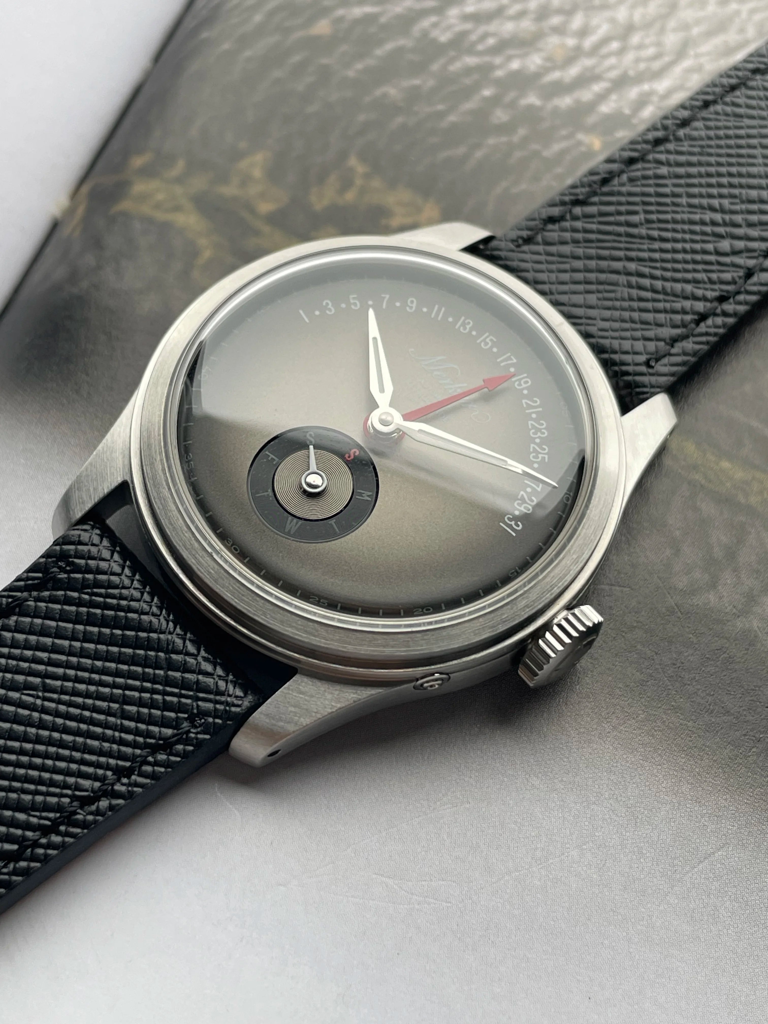 MERKUR Multi-function Calendar Flying Back Automatic Mechanical Purple Dial Retro Dress Watch Leather часы мужские наручные