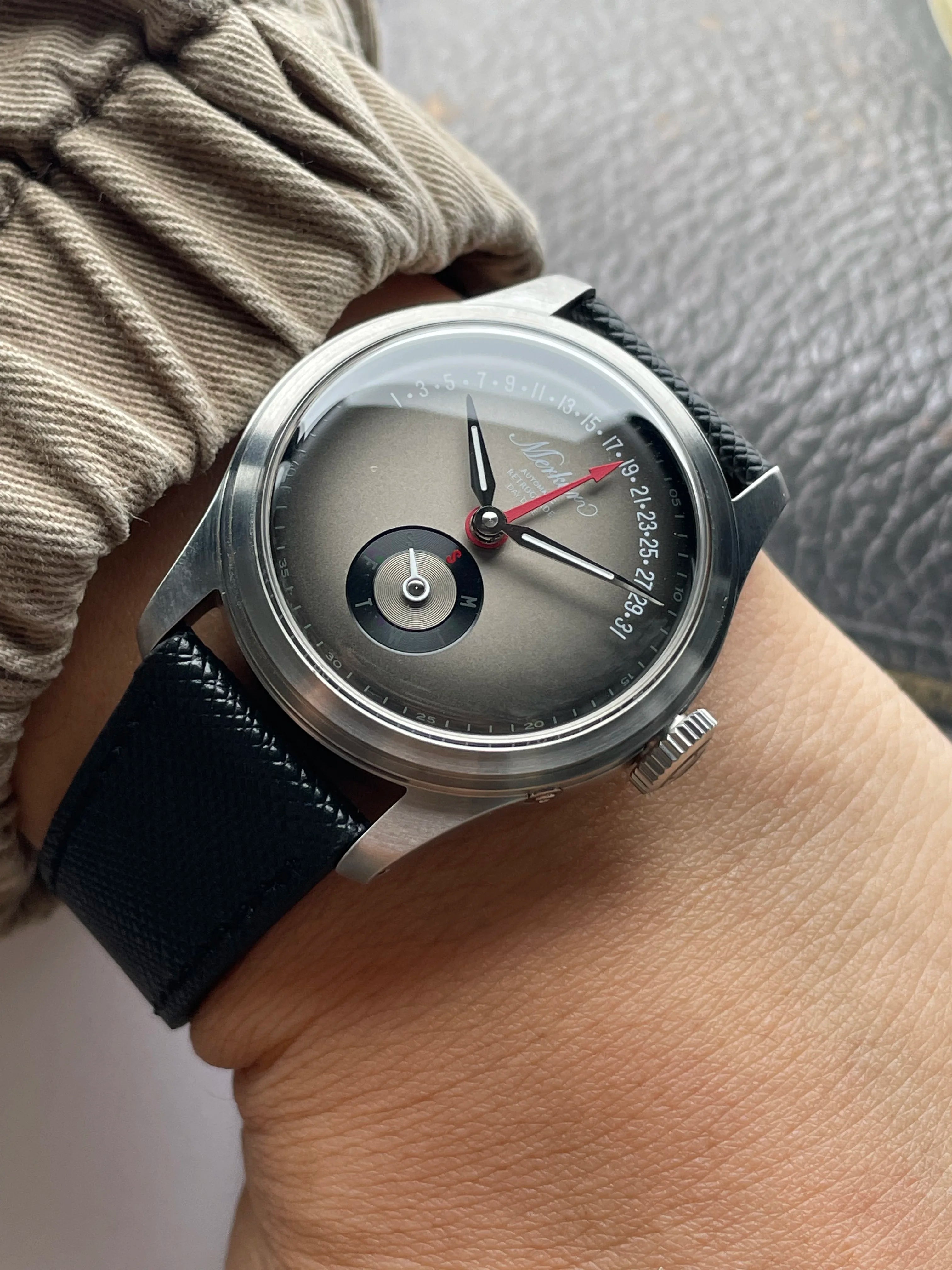 MERKUR Multi-function Calendar Flying Back Automatic Mechanical Purple Dial Retro Dress Watch Leather часы мужские наручные