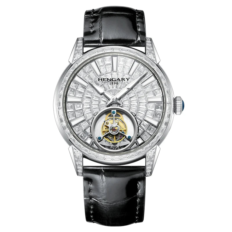 HENGARY Luxury Diamond-Set Tourbillon Gentlemen's Watch- Automatic Movement  Black Calfskin Strap 50m ATM 43mm Dial Zircon