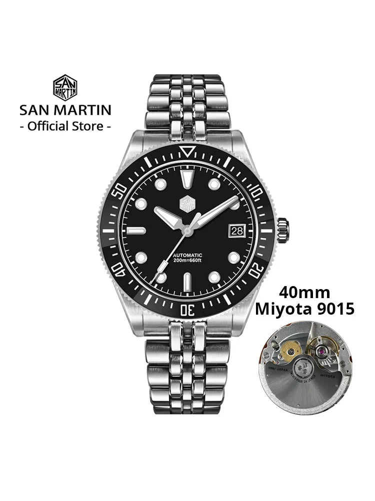 San Martin New SN0148 40mm Men's Luxury Diver Watch Miyota 9015- Enamel Dial Automatic Mechanical Wristwatch Waterproof 200m