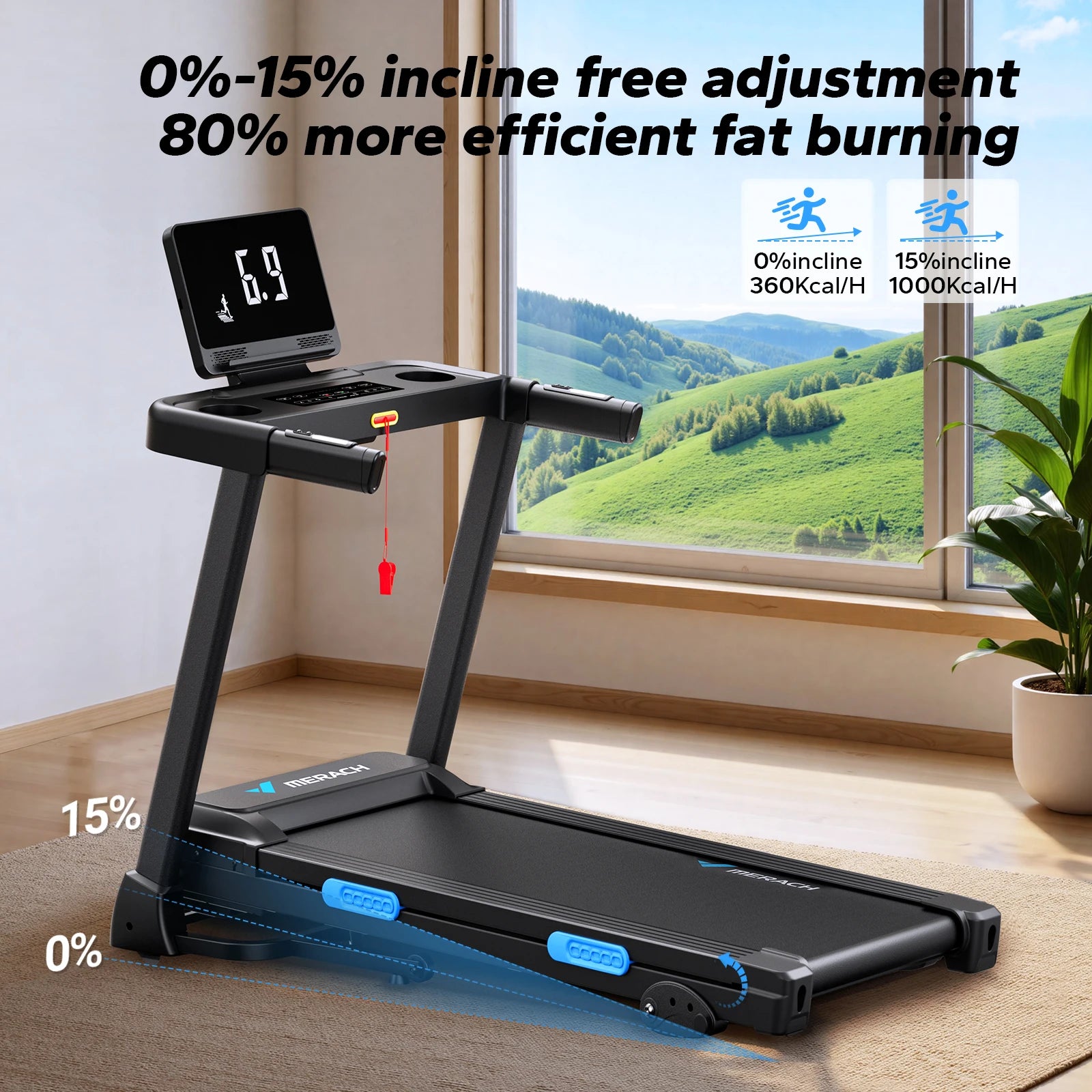 MERACH Foldable Treadmill T12 Incline Quiet Treadmills- Double Deck Technology 4 Silicone Shock Cushion Heart Rate Monitoring