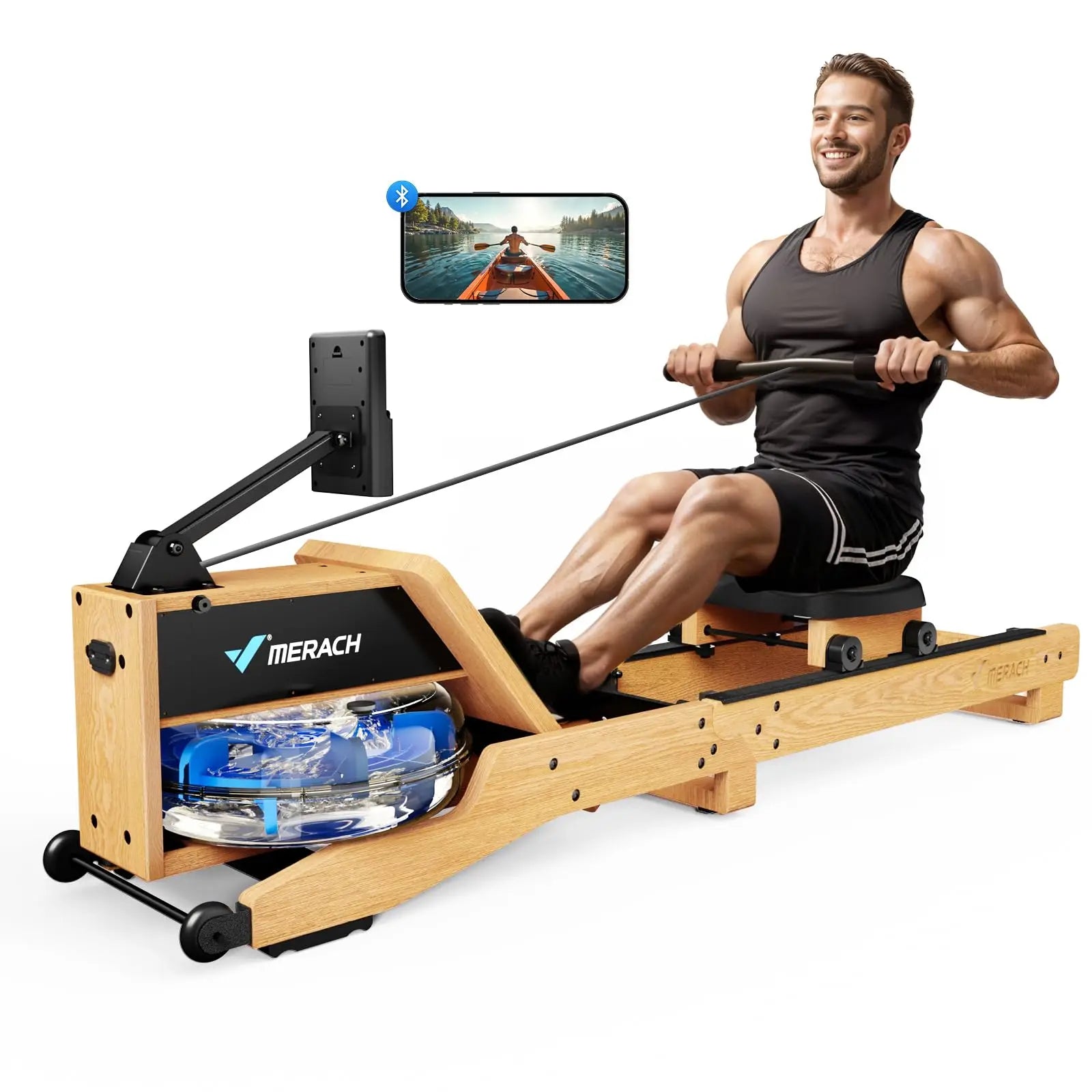 MERACH Water Rowing Machines for Home Oak Wood Rower with 12 Enhanced Resistance Blades Upgraded Handle Adjustable Footpad & App