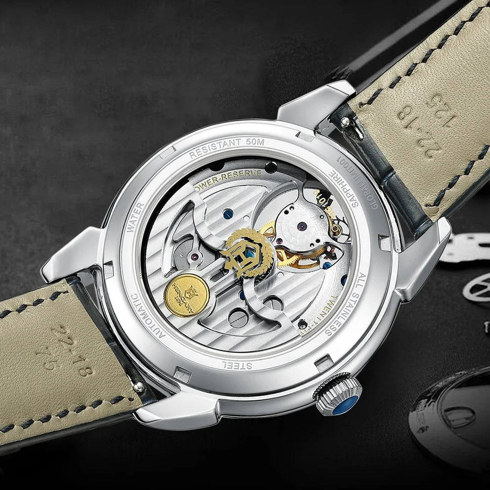 HENGARY Luxury Diamond-Set Tourbillon Gentlemen's Watch- Automatic Movement  Black Calfskin Strap 50m ATM 43mm Dial Zircon