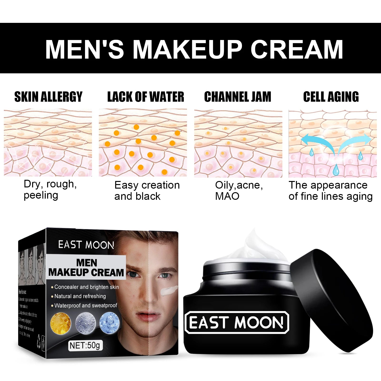 East Moon Conceal Whitening Tone-Up Cream Natural Refreshing Waterproof And Sweat-proof Concealer and Brighten Skin Men`s Makeup Cream