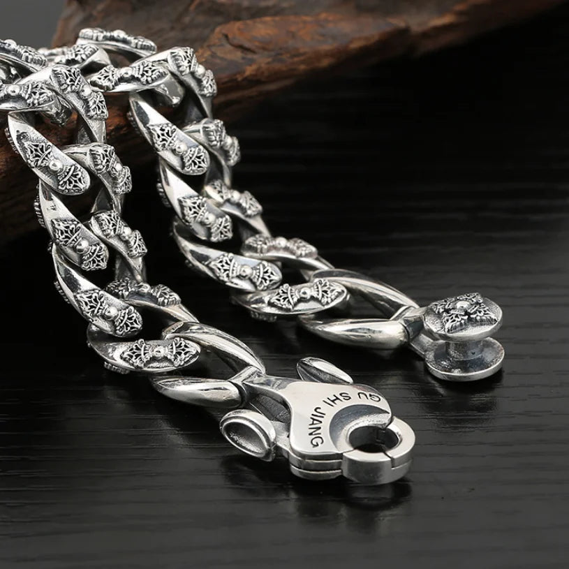 Gu Shi Jianq S925 Sterling Silver Retro domineering Vajra Buddhist Bracelet- Thai Silver Vintage fashion Men's Heavery Bracelet  Jewelry