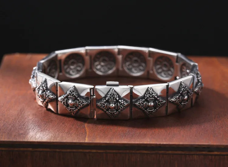 BOCAI 100% S925 Silver Men`s Bracelet- Individual Ethnic Style six-Character Mantra Vajra Wide Version Vintage Tank Chain