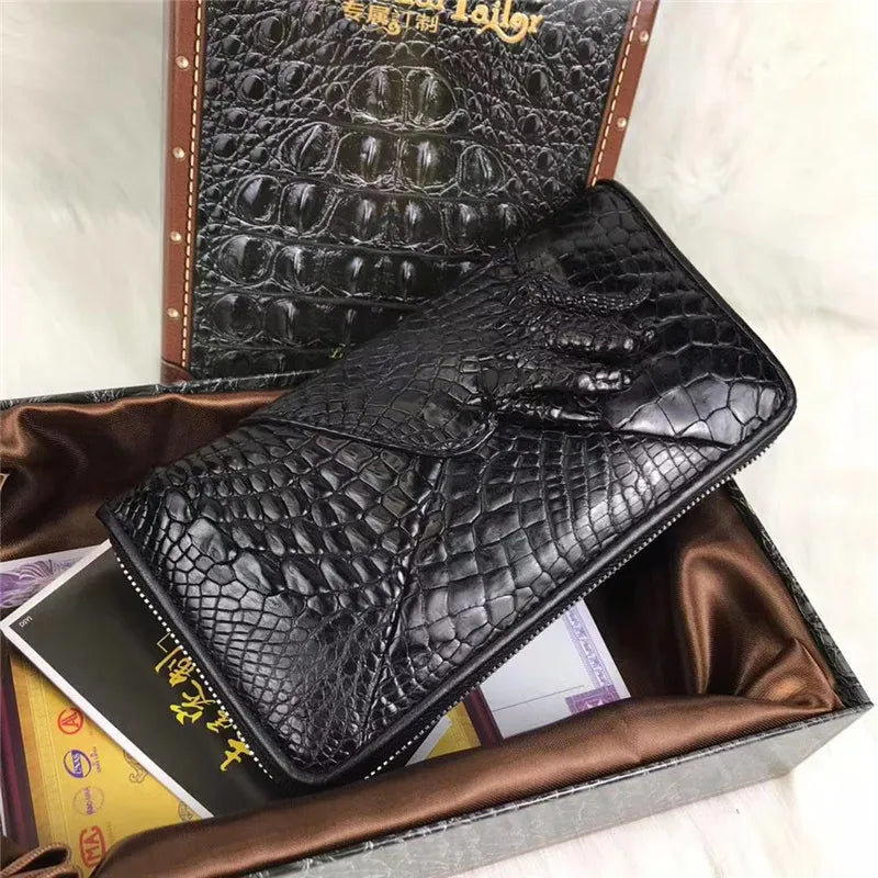 Exotic Genuine Alligator Paw Skin Men's Black Long Wallet- Authentic Real Crocodile Leather Large Card Purse Male Clutch Bag