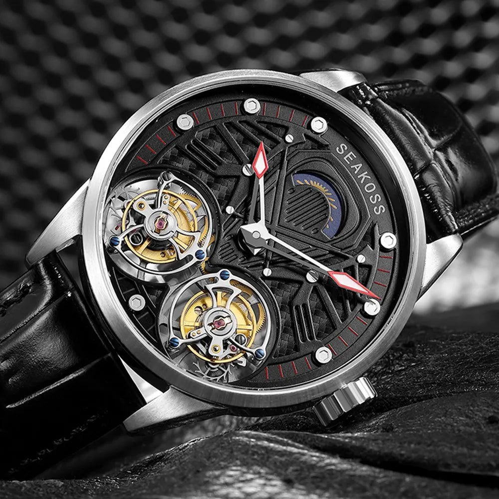 Top Brand SEAKOSS Double Tourbillon Men`s Skeleton Watch- Hand Winding Movement Sapphire Mechanical Wristwatches Luminous Clock New