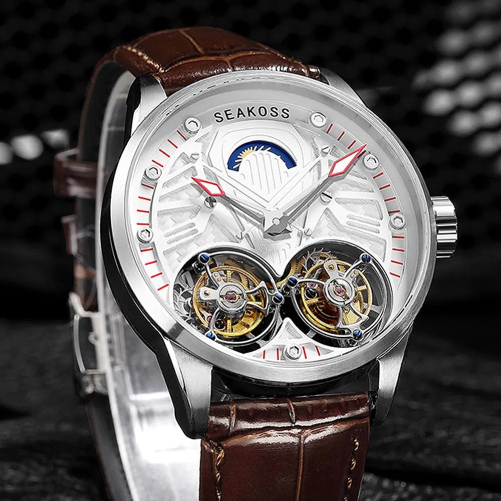 Top Brand SEAKOSS Double Tourbillon Men`s Skeleton Watch- Hand Winding Movement Sapphire Mechanical Wristwatches Luminous Clock New