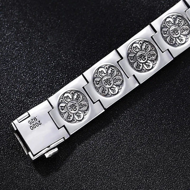 BOCAI 100% S925 Silver Men`s Bracelet- Individual Ethnic Style six-Character Mantra Vajra Wide Version Vintage Tank Chain