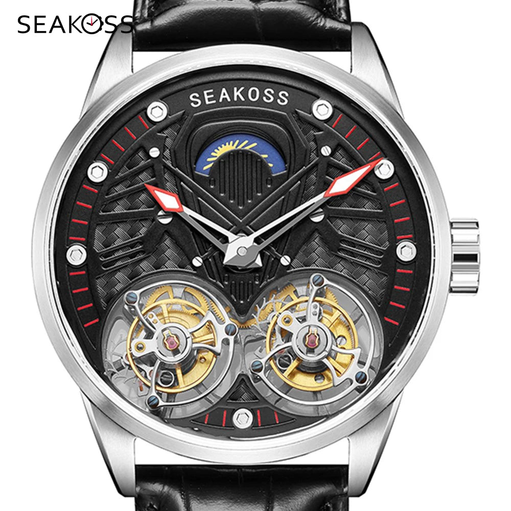 Top Brand SEAKOSS Double Tourbillon Men`s Skeleton Watch- Hand Winding Movement Sapphire Mechanical Wristwatches Luminous Clock New