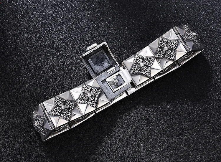 BOCAI 100% S925 Silver Men`s Bracelet- Individual Ethnic Style six-Character Mantra Vajra Wide Version Vintage Tank Chain