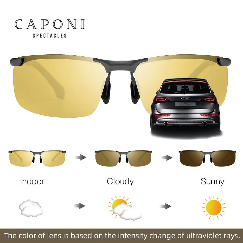 CAPONI Night Vision Sport Sunglasses- Photochromic Brown Sun Glasses For Men,  Oculos Yellow Driving Glasses gafas de sol BSYS3066