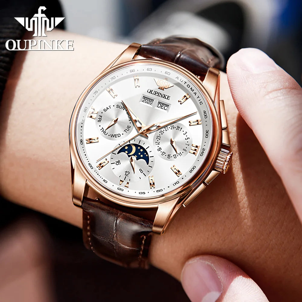OUPINKE Luxury Men`s Automatic Mechanical Watch with Waterproof Moon Phase - DeRae's Shop For Goods
