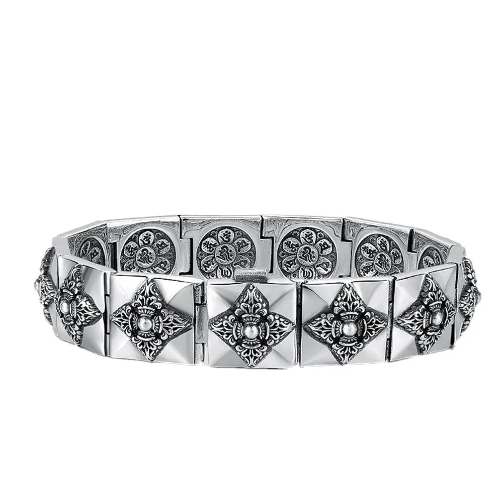 BOCAI 100% S925 Silver Men`s Bracelet- Individual Ethnic Style six-Character Mantra Vajra Wide Version Vintage Tank Chain
