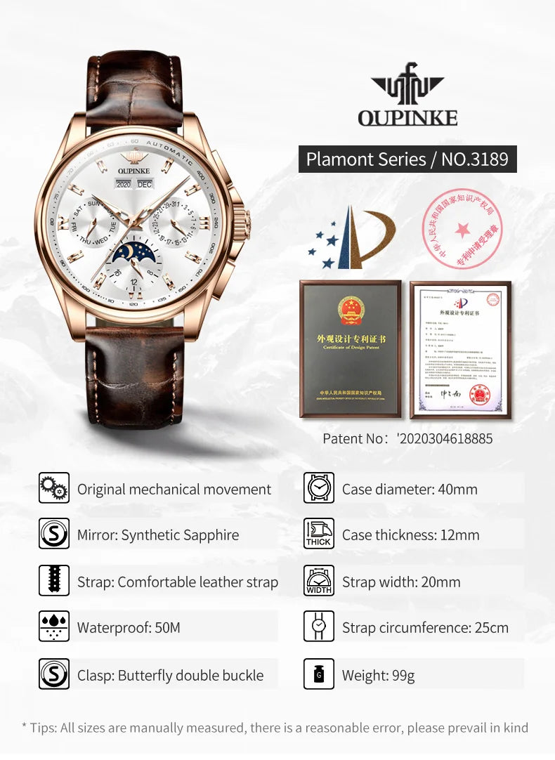 OUPINKE Luxury Men`s Automatic Mechanical Watch with Waterproof Moon Phase - DeRae's Shop For Goods