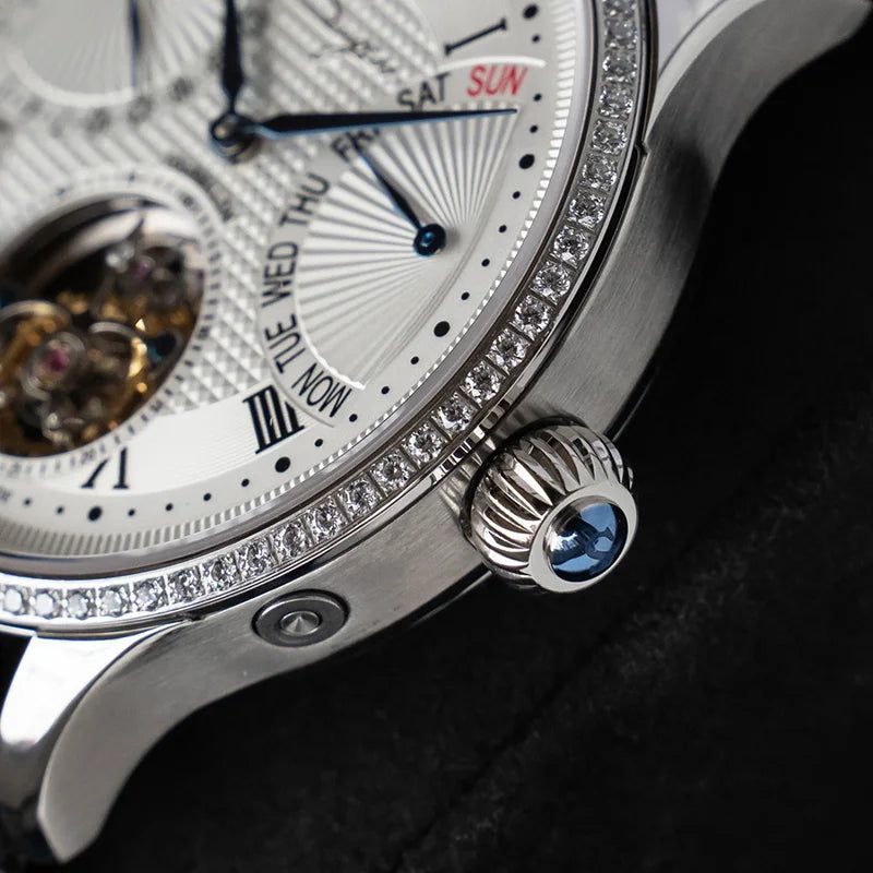 Sugess Tourbillon Men`s Wrist Watches -Mechanical Hand Wind Watch Original 8004 Movement Date Skeleton Functions Crocodile Leather Wristband.