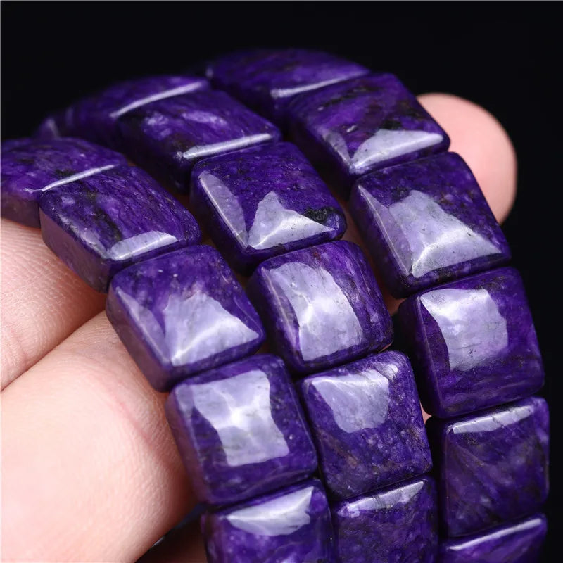 Muko Gems Natural Purple Charoite Unisex Rectangle Beads Bracelet Jewelry 12x12mm- Purple Charoite Healing Stone AAAA