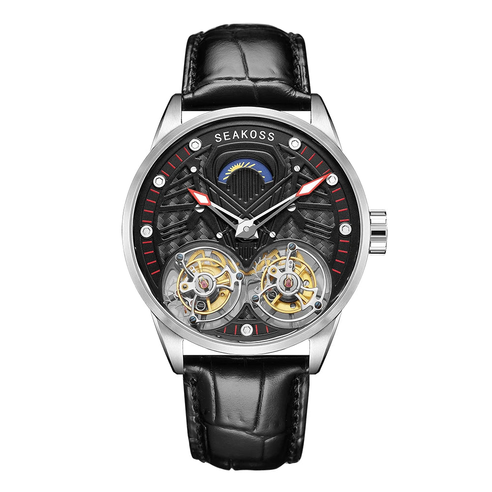 Top Brand SEAKOSS Double Tourbillon Men`s Skeleton Watch- Hand Winding Movement Sapphire Mechanical Wristwatches Luminous Clock New