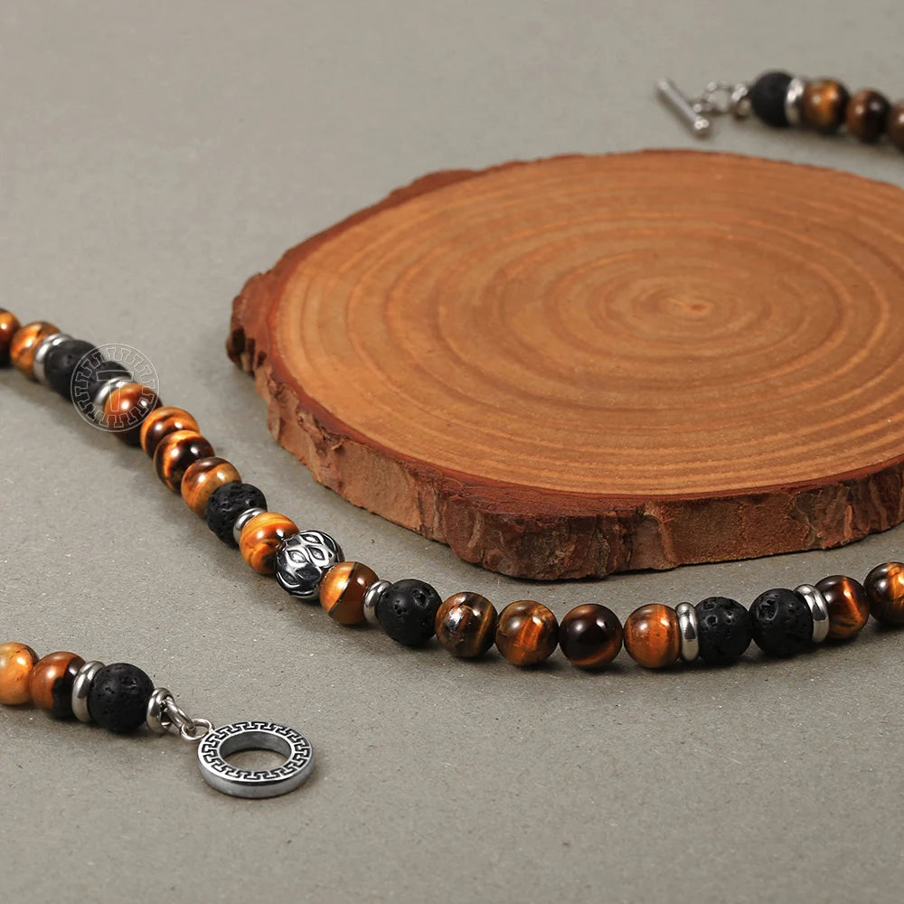 Unique Beaded Men`s Tiger Eye Stone Necklaces with Stainless Steel Toggle Clasp