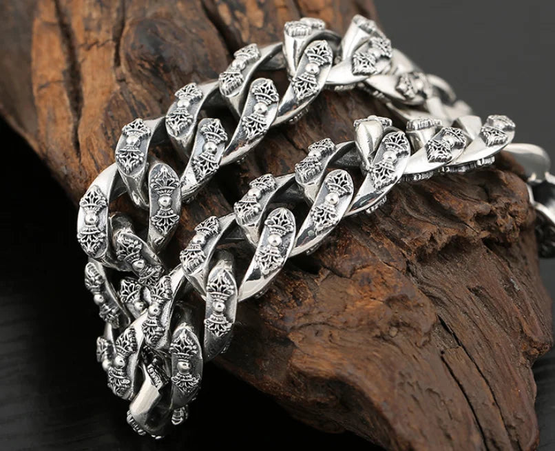 Gu Shi Jianq S925 Sterling Silver Retro domineering Vajra Buddhist Bracelet- Thai Silver Vintage fashion Men's Heavery Bracelet  Jewelry