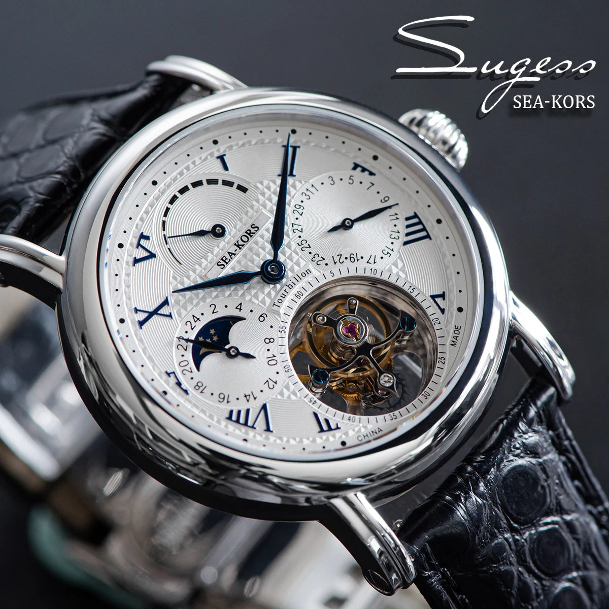Sugess Seakors Men`s Tourbillon Watch Original ST8007 Movement Skeleton Dial Moonphase Wristwatch 316L Case Sapphire Romen Luxury