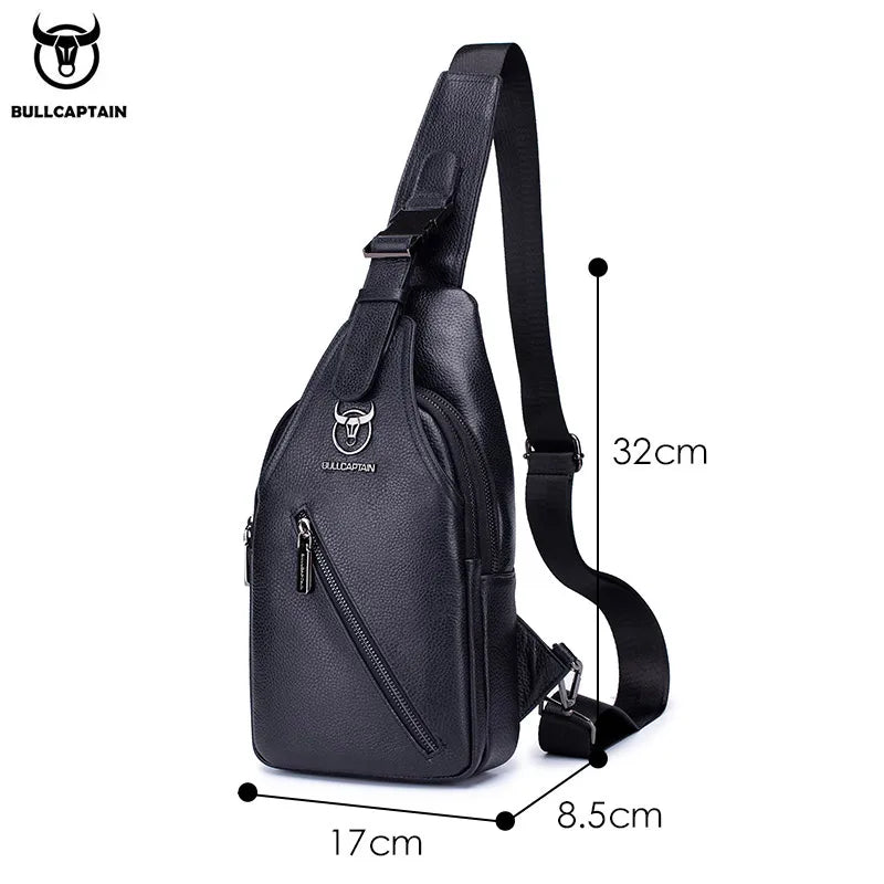 BULLCAPTAIN Men's Leather Chest Bag Multi-Function Travel Storage Bag- Men's Messenger Bag Hardware Zipper Leather Bag
