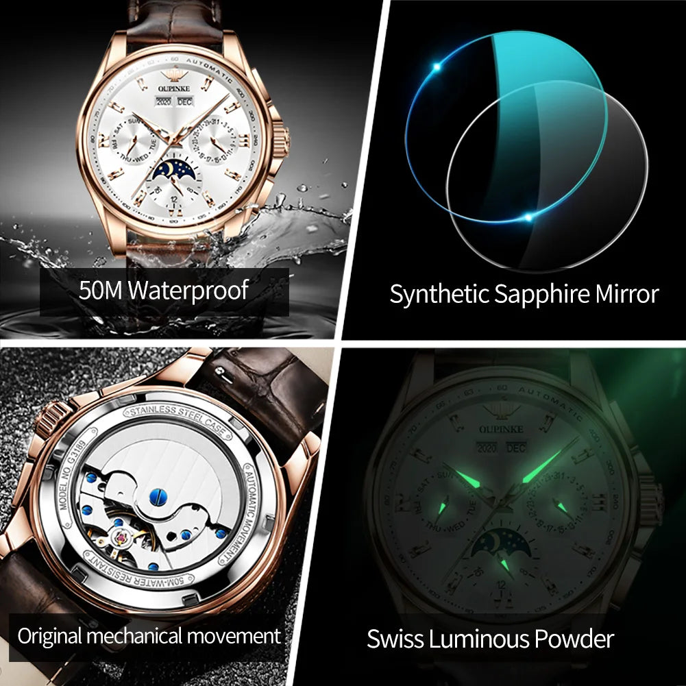 OUPINKE Luxury Men`s Automatic Mechanical Watch with Waterproof Moon Phase - DeRae's Shop For Goods