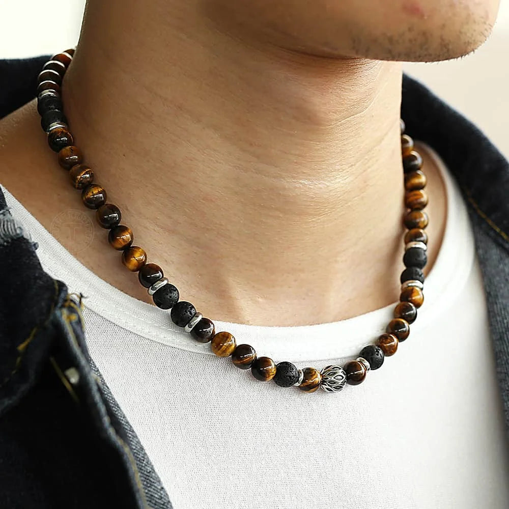 Unique Beaded Men`s Tiger Eye Stone Necklaces with Stainless Steel Toggle Clasp