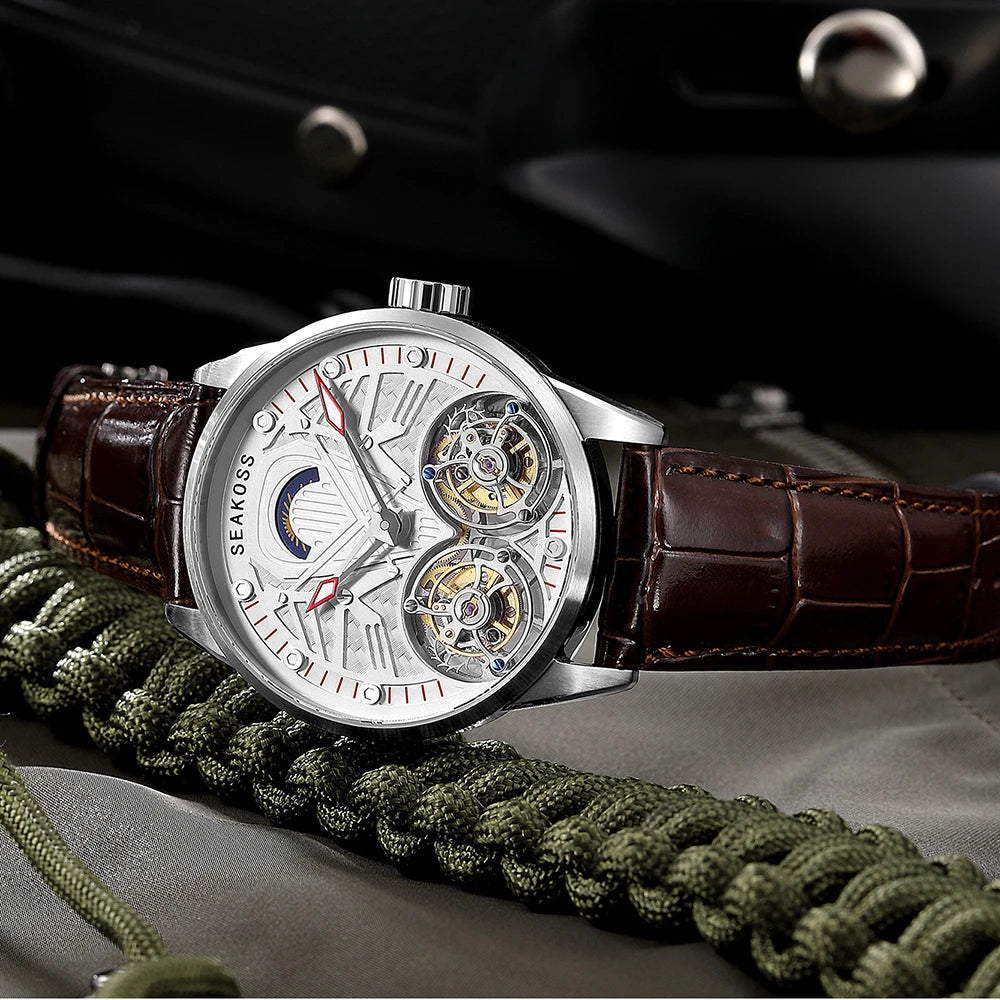 Top Brand SEAKOSS Double Tourbillon Men`s Skeleton Watch- Hand Winding Movement Sapphire Mechanical Wristwatches Luminous Clock New