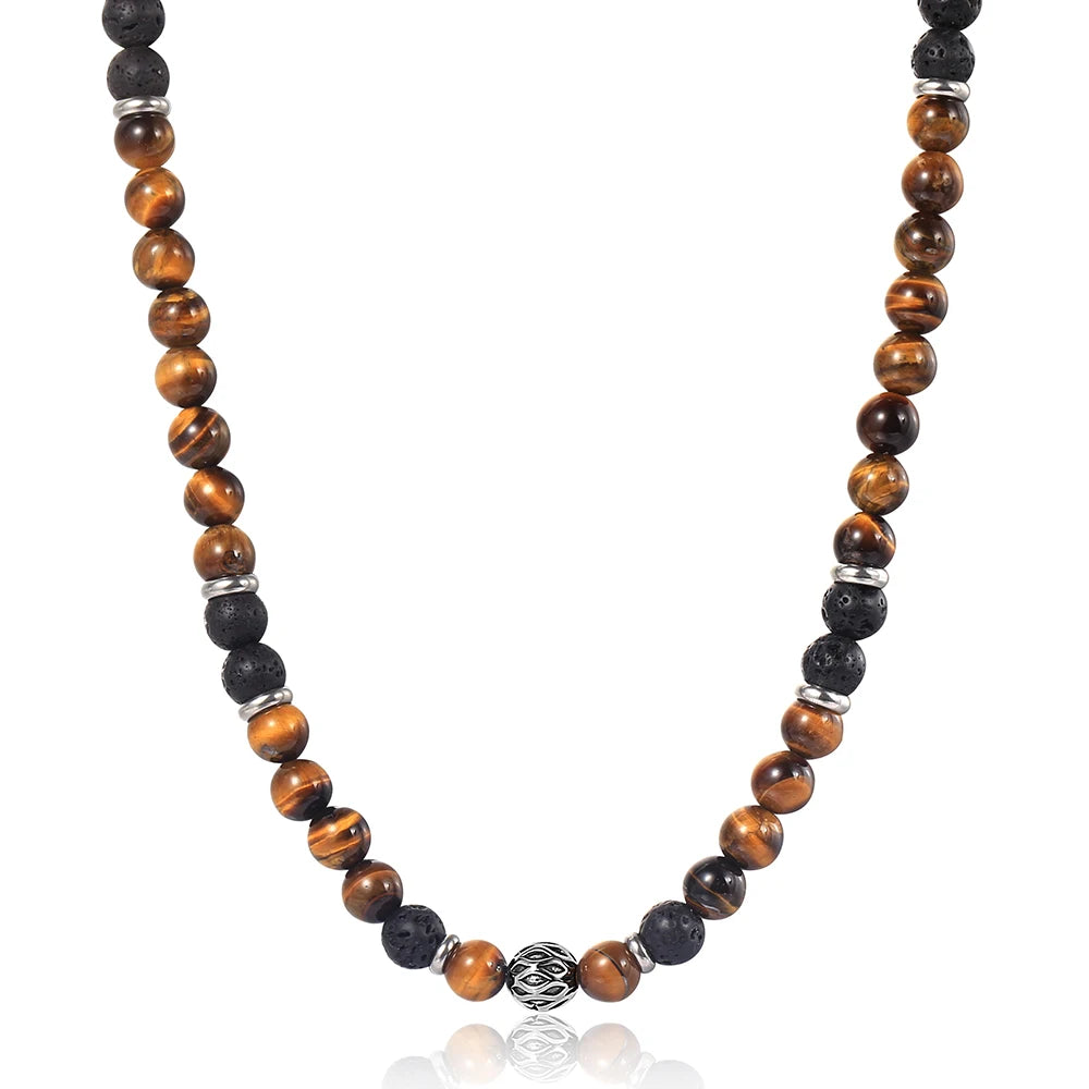 Unique Beaded Men`s Tiger Eye Stone Necklaces with Stainless Steel Toggle Clasp
