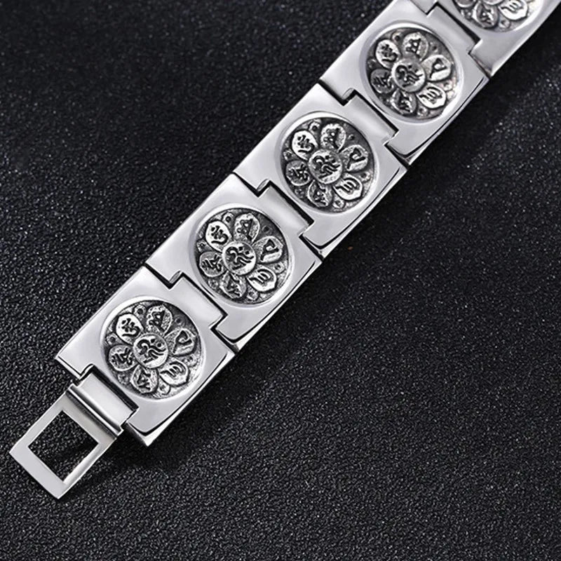 BOCAI 100% S925 Silver Men`s Bracelet- Individual Ethnic Style six-Character Mantra Vajra Wide Version Vintage Tank Chain