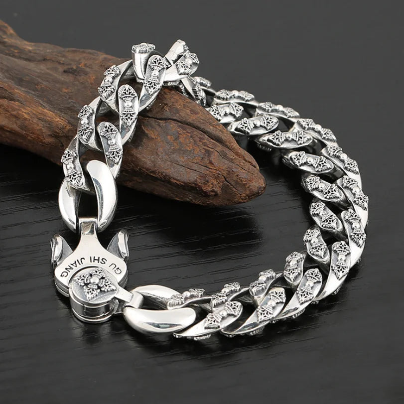Gu Shi Jianq S925 Sterling Silver Retro domineering Vajra Buddhist Bracelet- Thai Silver Vintage fashion Men's Heavery Bracelet  Jewelry