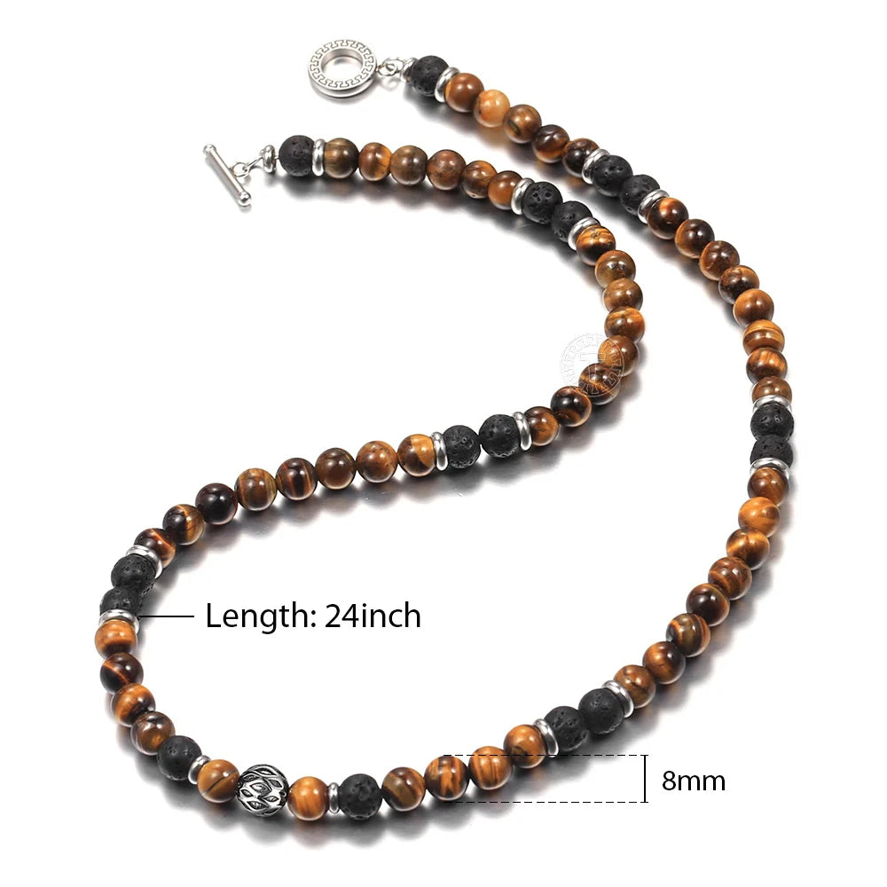 Unique Beaded Men`s Tiger Eye Stone Necklaces with Stainless Steel Toggle Clasp