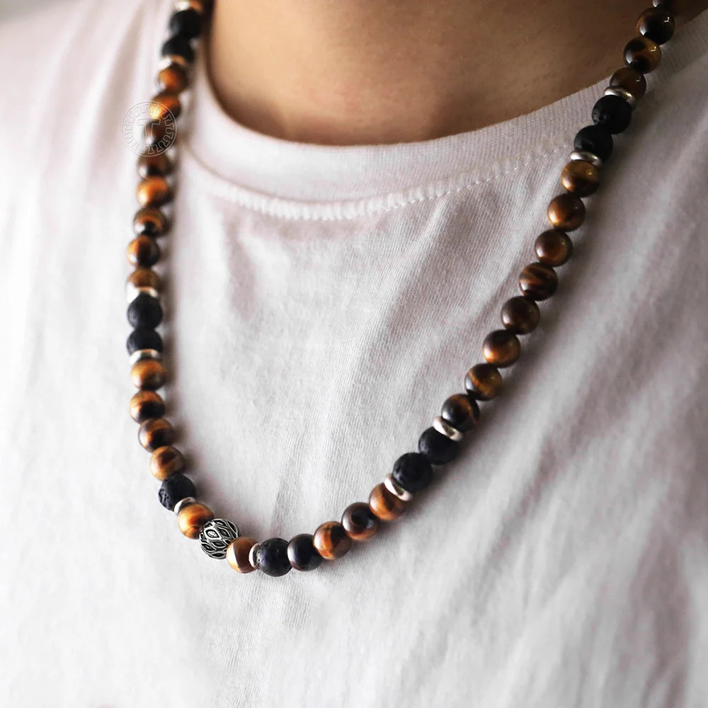 Unique Beaded Men`s Tiger Eye Stone Necklaces with Stainless Steel Toggle Clasp