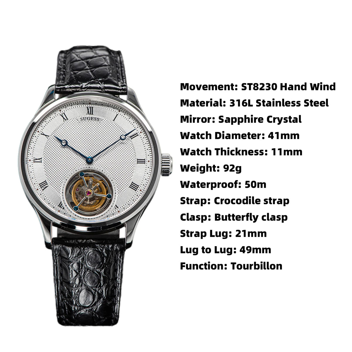 Sugess Tourbillon Men Watches ST8230 Genuine Tianjin Mechanical Movement- Vintage Skeleton Wristwatch with Elegant Crocodile Leather Band.