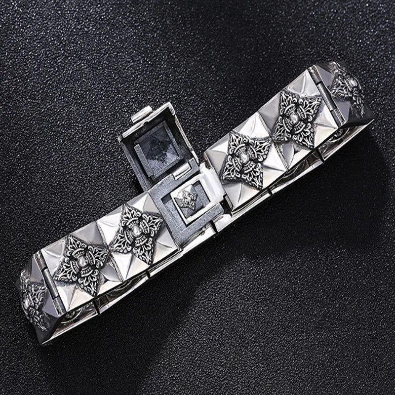 BOCAI 100% S925 Silver Men`s Bracelet- Individual Ethnic Style six-Character Mantra Vajra Wide Version Vintage Tank Chain