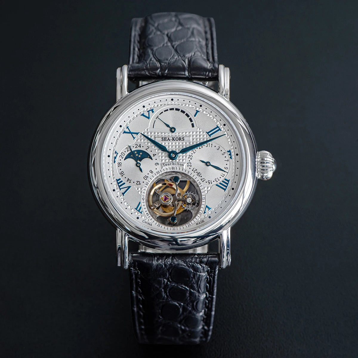 Sugess Seakors Men`s Tourbillon Watch Original ST8007 Movement Skeleton Dial Moonphase Wristwatch 316L Case Sapphire Romen Luxury