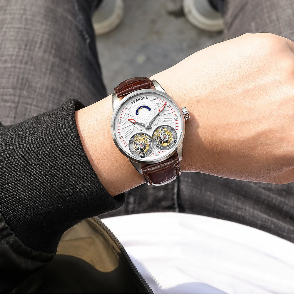 Top Brand SEAKOSS Double Tourbillon Men`s Skeleton Watch- Hand Winding Movement Sapphire Mechanical Wristwatches Luminous Clock New