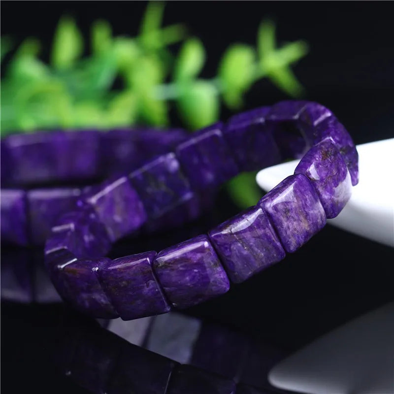 Muko Gems Natural Purple Charoite Unisex Rectangle Beads Bracelet Jewelry 12x12mm- Purple Charoite Healing Stone AAAA