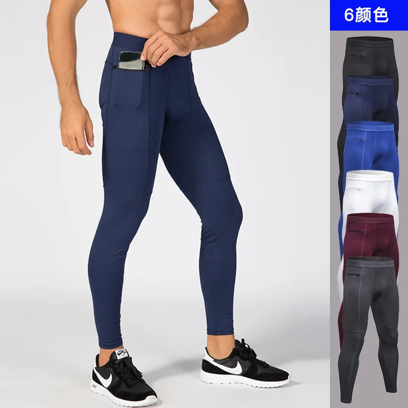 Men`s Pocket Gym Leggings Sport Pants- Workout Fitness Compression Men`s Sweatpants,  Breathable Slim Tight Pants