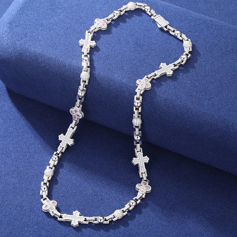 925 Sterling Silver Water Drop Cross Ball Chain Bracelet- Iced Out Luxury Bling Pink CZ Necklace For Men