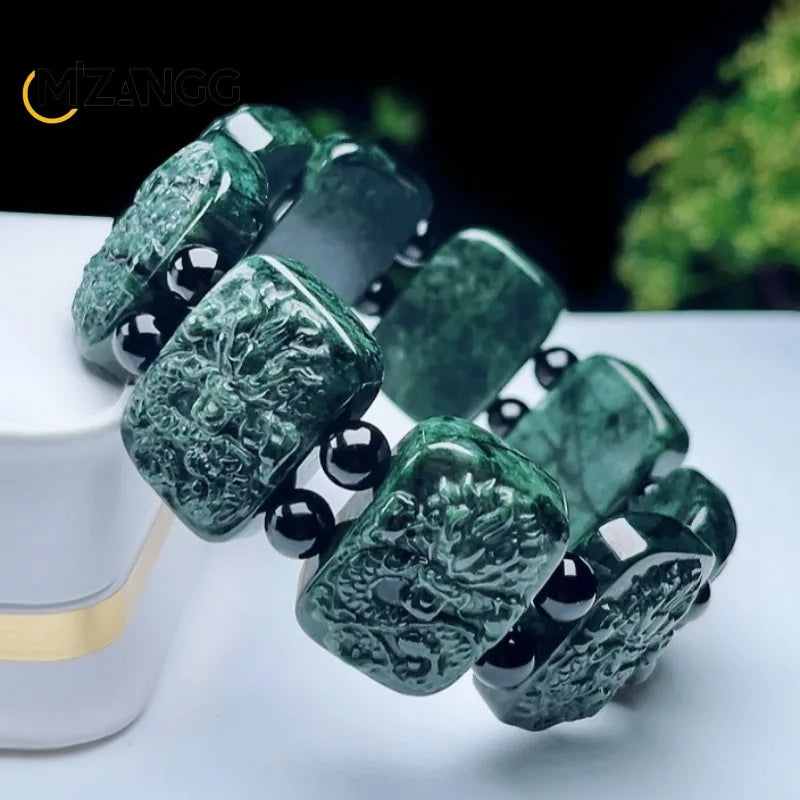 Mzangg High-grade Natural Jade Kowloon Protector Hand- Hand Carved Dark Green Jade Dragon Powerful Men's Bracelet and Lucky Amulet