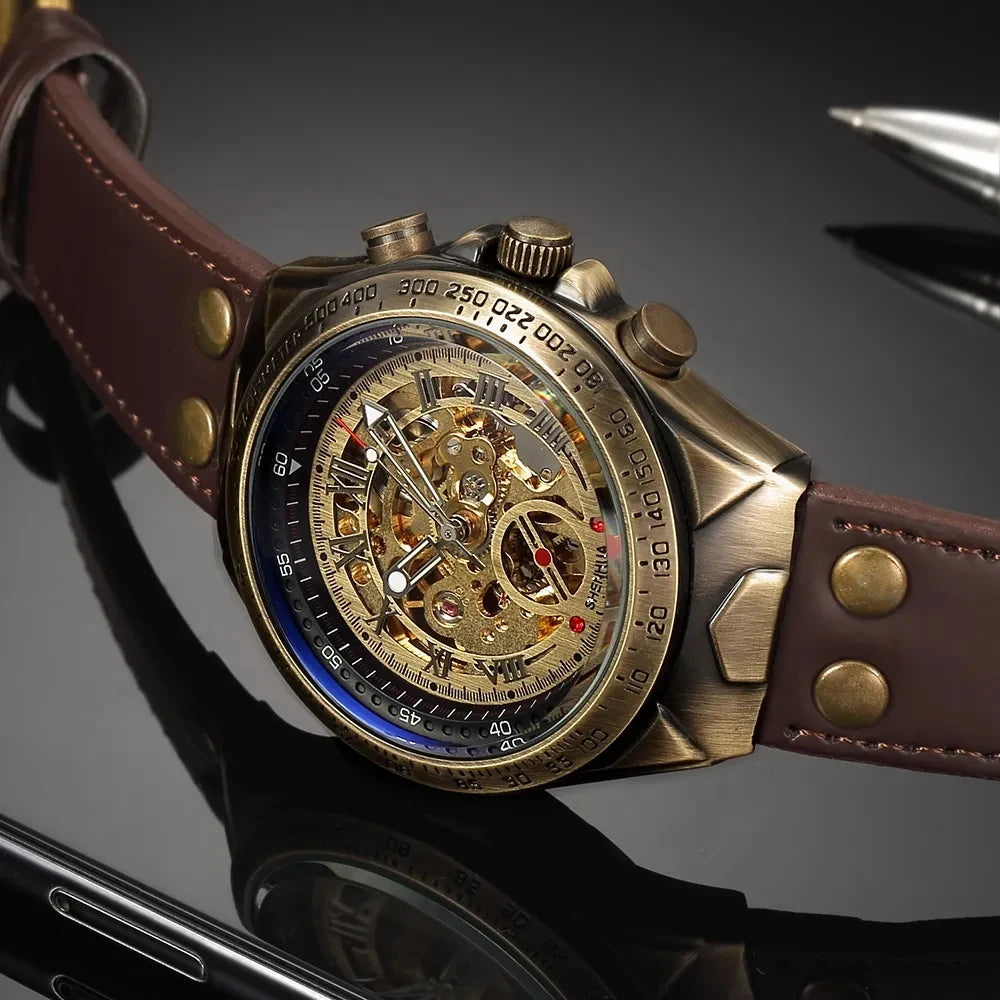 Bronze Retro Skeleton Automatic Steampunk Mechanical Luminous Watch for Men