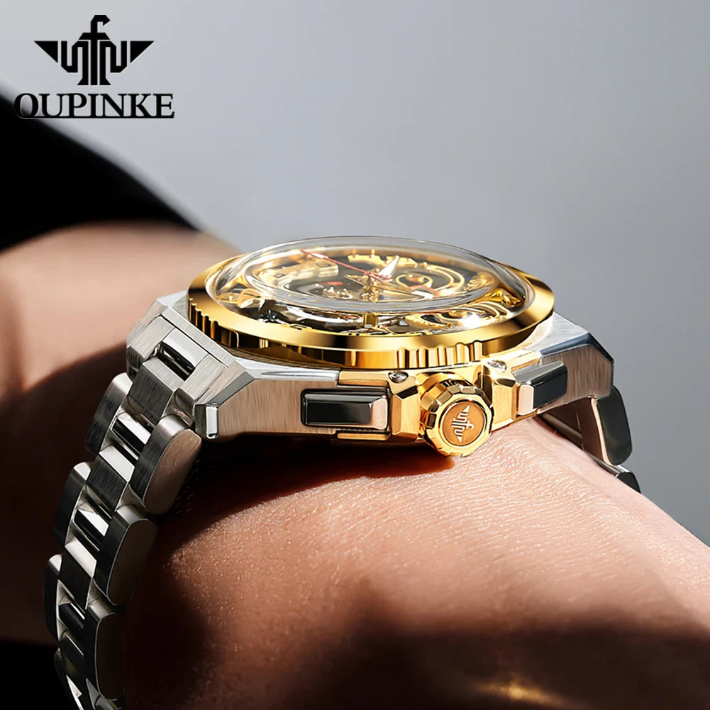 OUPINKE Original Brand & Italian Designer Men's Watches Waterproof Automatic Mechanical Watch Transparent Hollow out Wristwatch