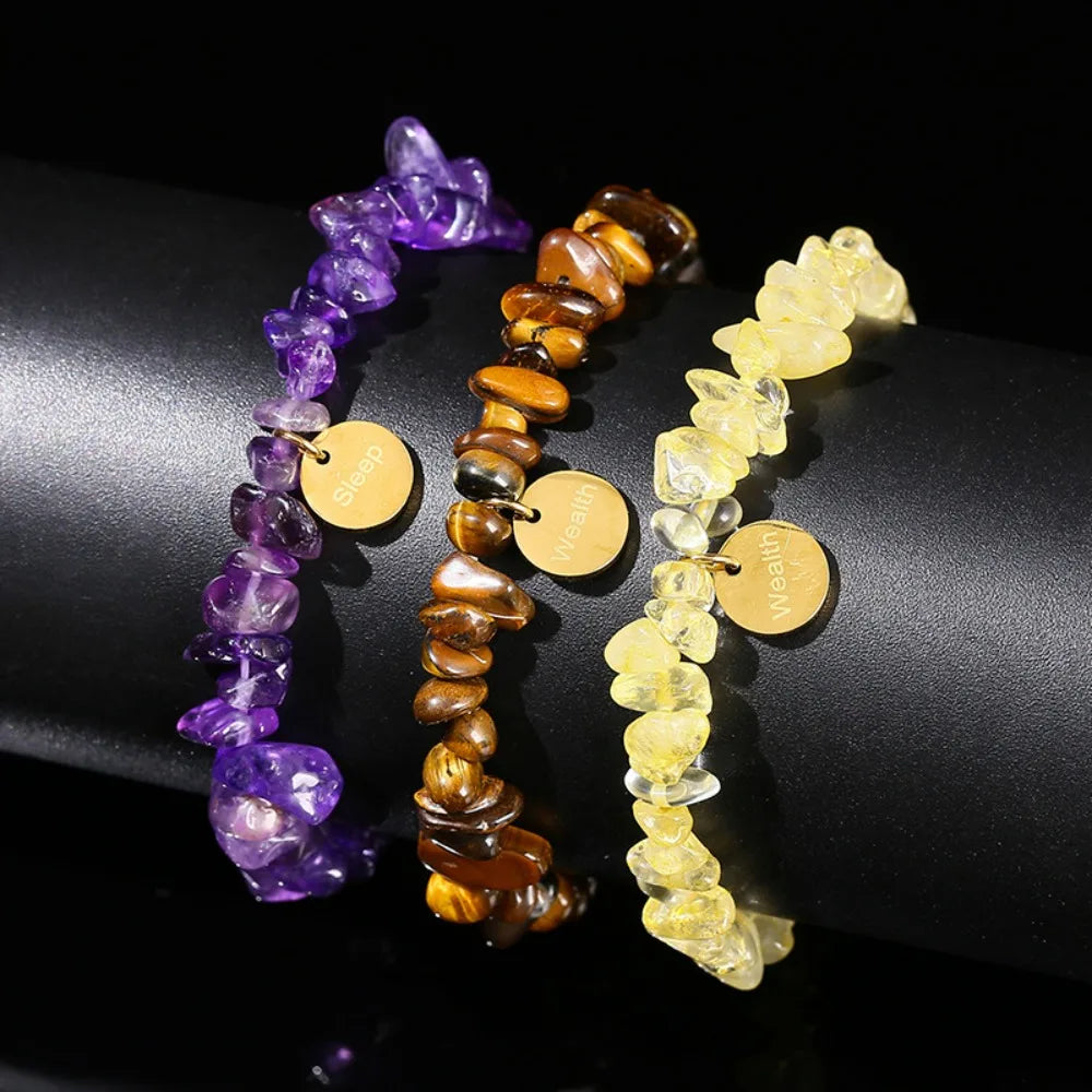 Natural Healing 10pc Natural Amethyst Tiger Eye Irregular Stone Wealth Lucky Pendant Bracelet- Unisex Trendy Stretch Yoga Meditation Gift