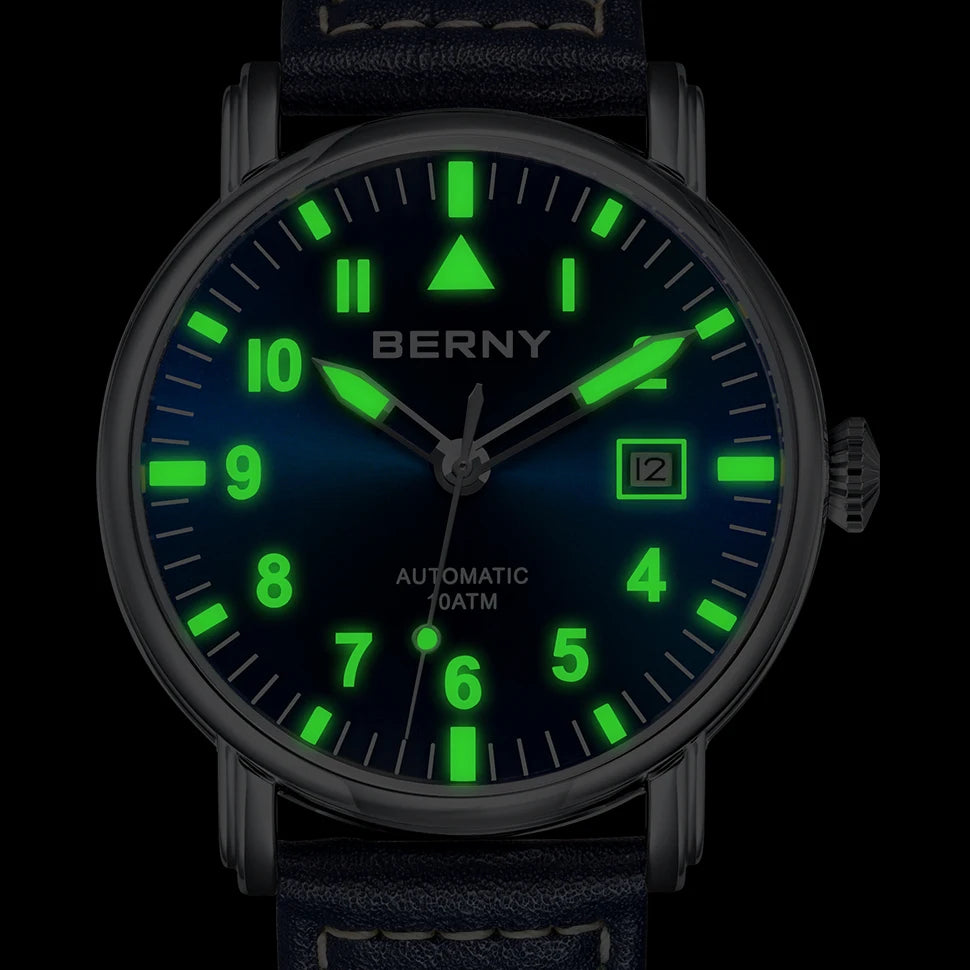 BERNY Pilot Automatic Watch for Men- Mechanical Luminous Army Military Vintage with Sapphire Waterproof 100m Diver Wristwatch Men